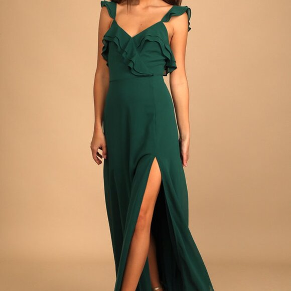 Lulus Adoring Glances Emerald Green Ruffled Maxi Dress - Size XL - Picture 1 of 1